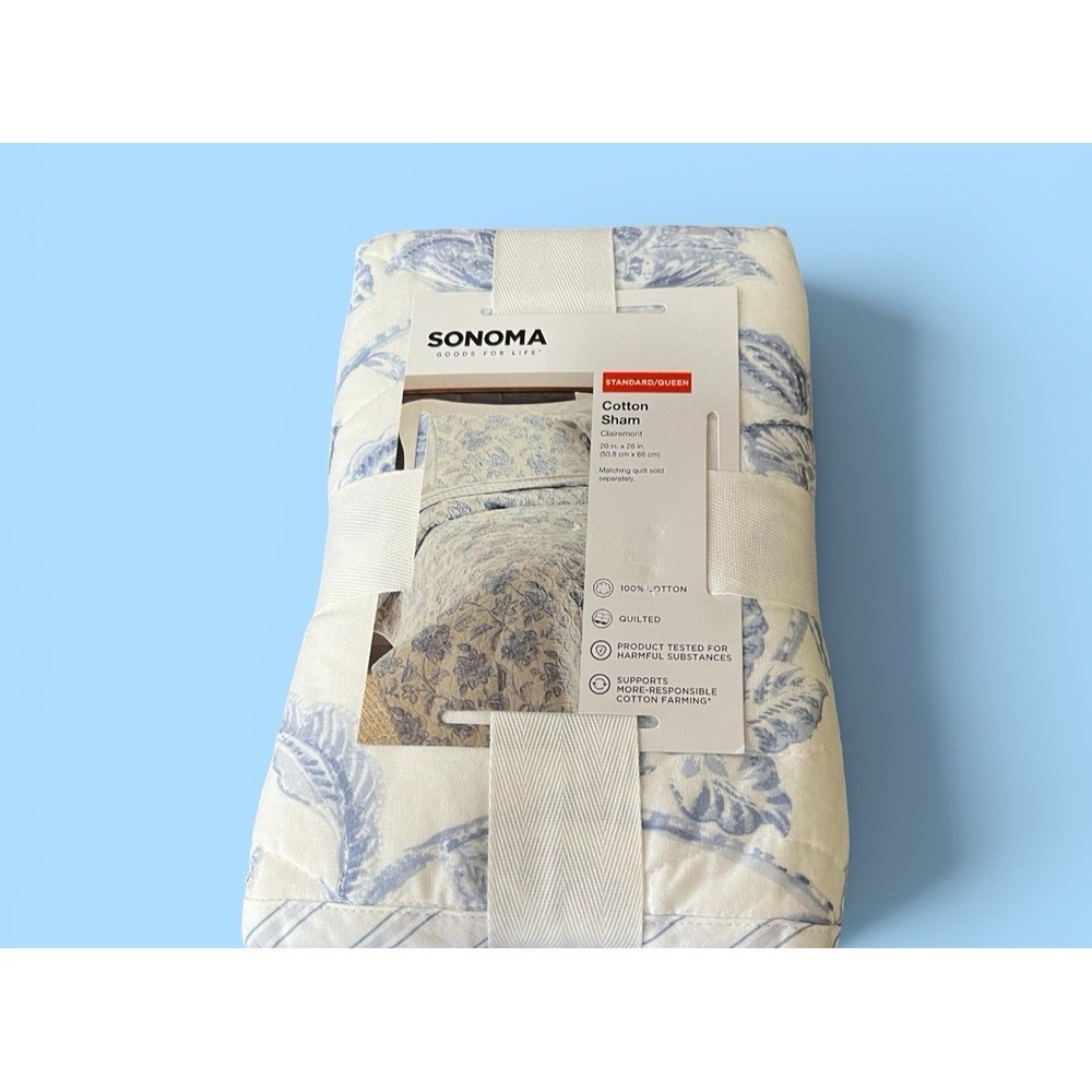 Sonoma Standard Queen Cotton Pillow Sham Clairemont Blue White Pattern Quilted